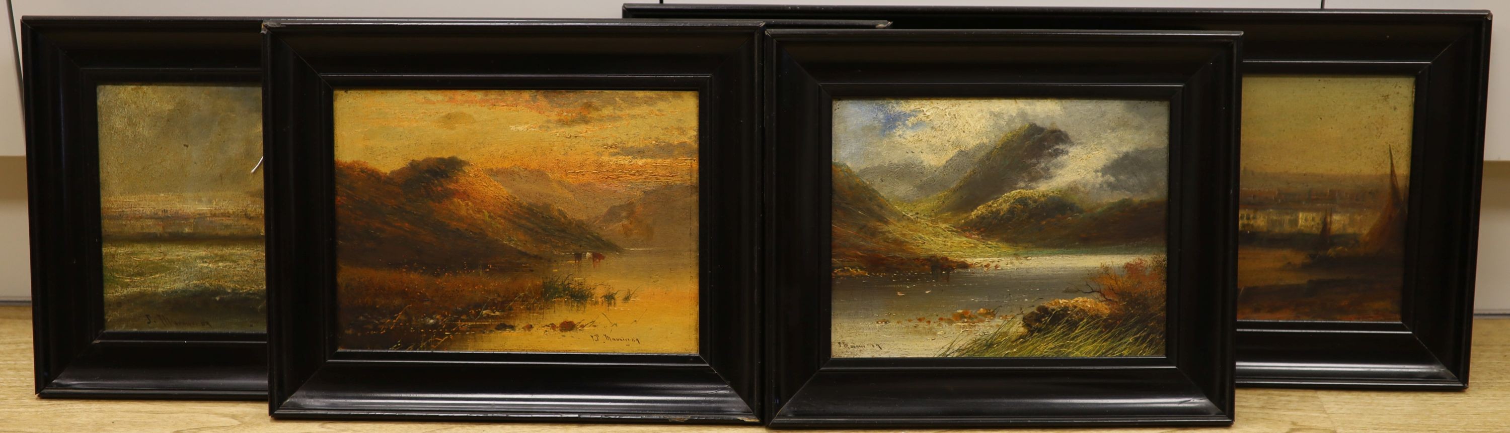 J.Maunier, 1909. Two pairs of oils on board, loch scenes and fishing boats along the coast, signed and dated ‘09, 19 x 25cm. & 19 x 55cm.